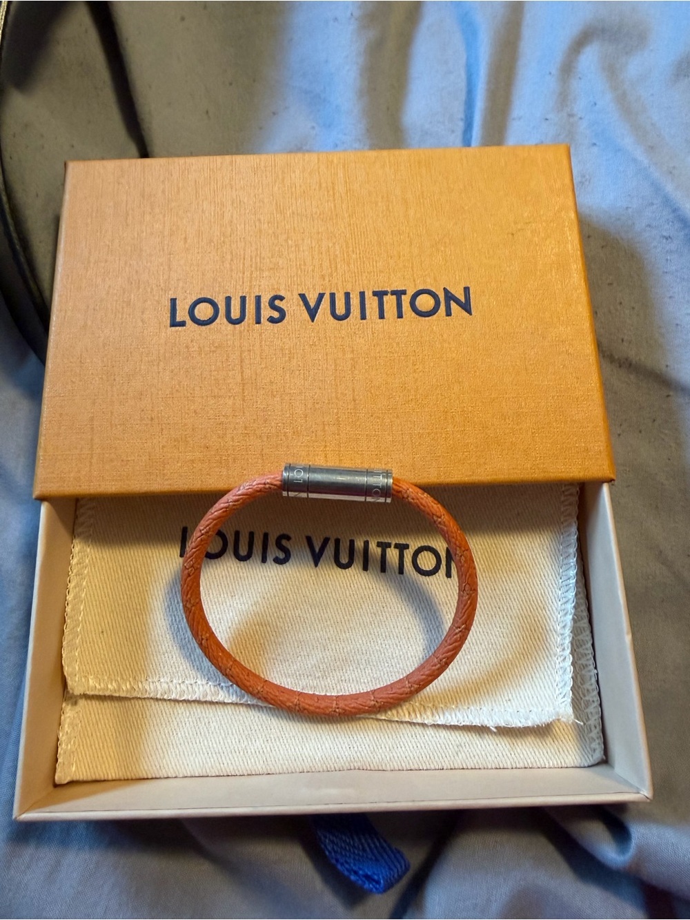 Louis Vuitton Orange Braided Leather Bracelet with Silver Clasp
